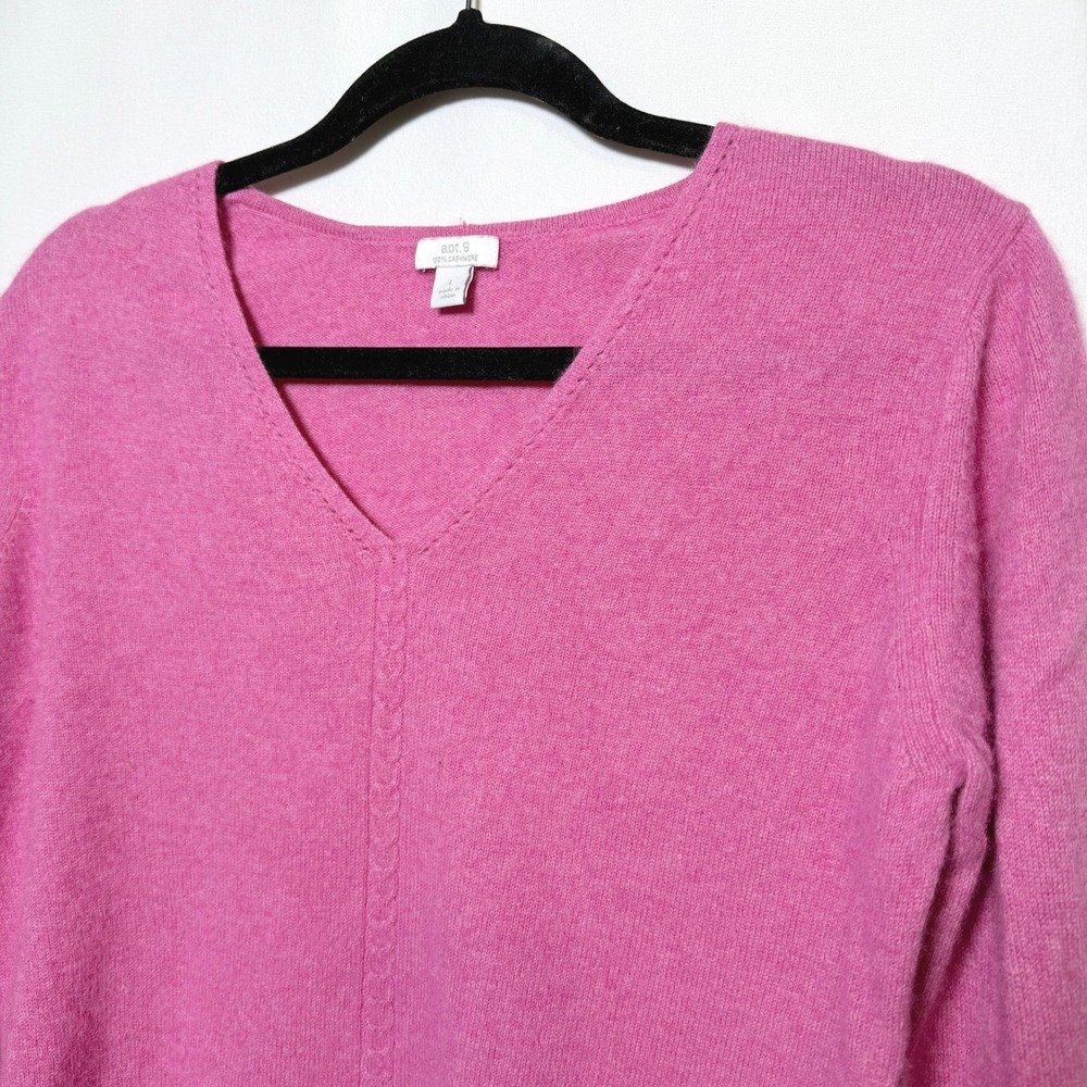 Womens Pink 100% Cashmere V-Neck Long Sleeve Sweater Size L